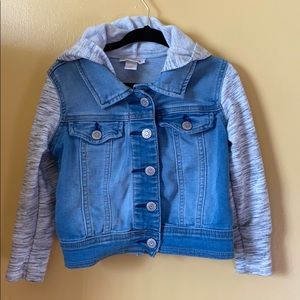Girls 2T denim jacket w grey hoodie and sleeves.